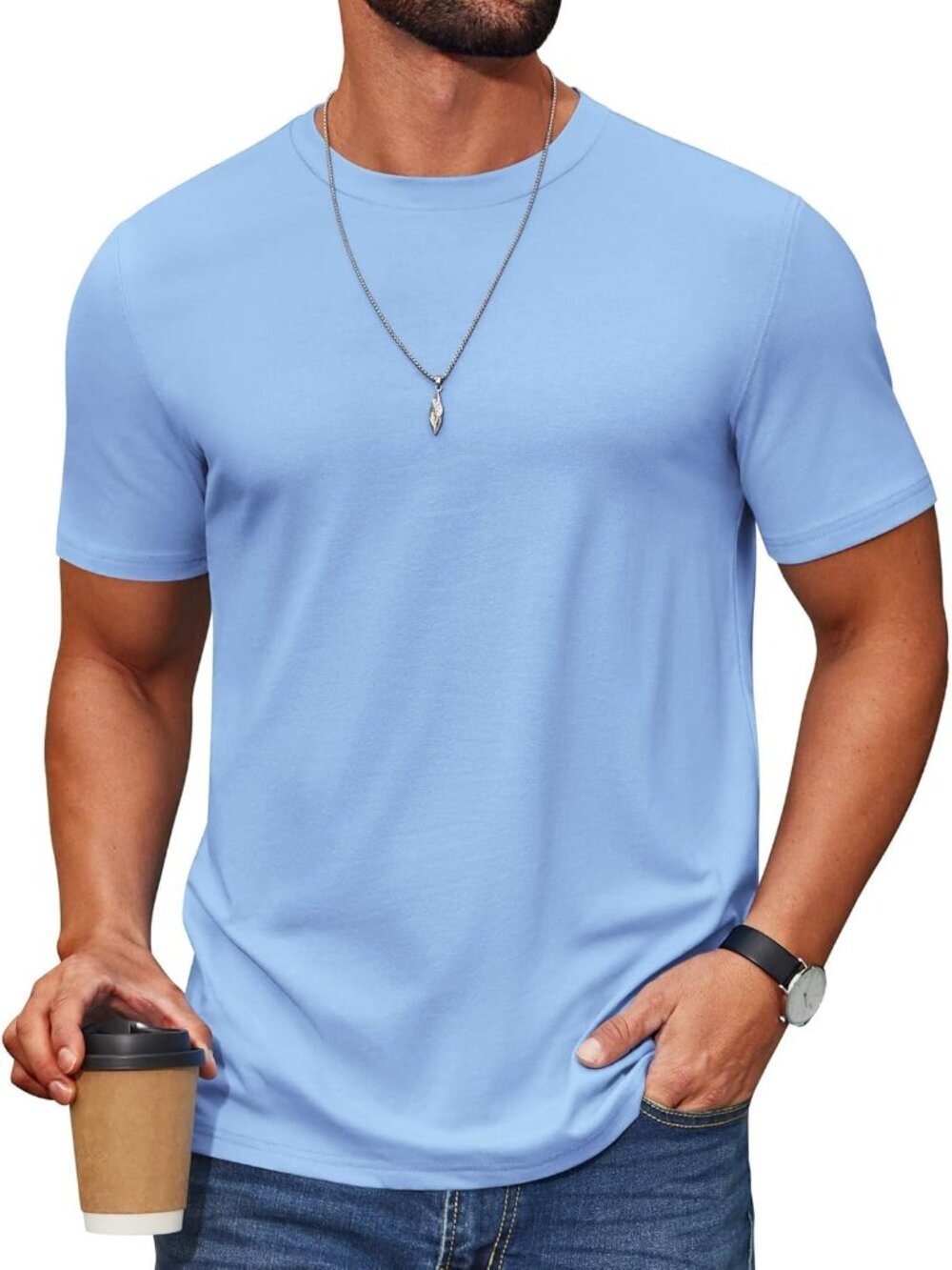 Men's Blue T-Shirt Short Sleeve Cotton Blend Crew Neck Casual Summer Basic Tee